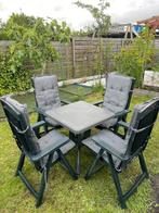 4x Tuinstoel + Tafel, 4x Zitkussen, Inklapbaar, Verstelbaar, Ophalen of Verzenden, Zo goed als nieuw, Kunststof, Verstelbaar
