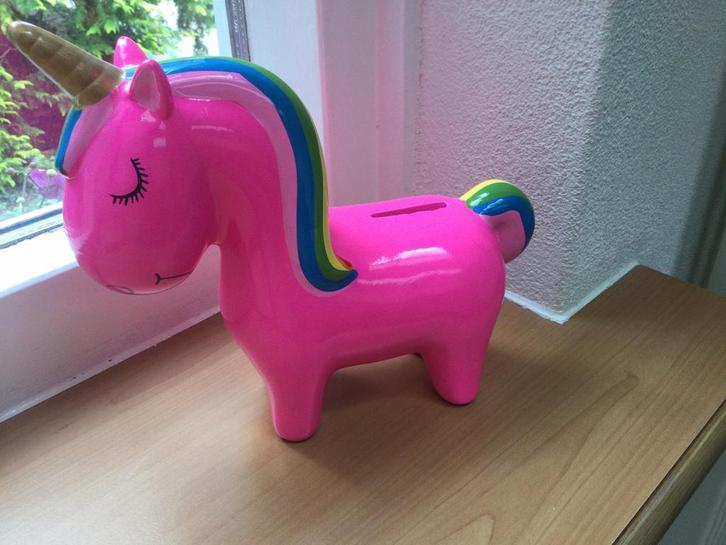 Eenhoorn unicorn spaarpot neon roze beeldje, Verzamelen, Spaarpotten, Gebruikt, Dier, Steen, Aardewerk of Keramiek, Ophalen of Verzenden
