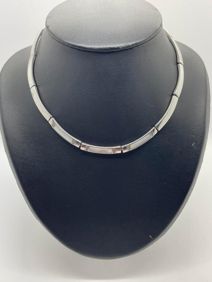 Z602 Prachtige zilveren ketting met parelmoer, Sieraden, Tassen en Uiterlijk, Antieke sieraden, Ketting, Zilver, Met edelsteen