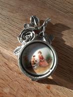 Pewter Tin , waxinelicht houder met porselein plaatje,, Antiek en Kunst, Ophalen