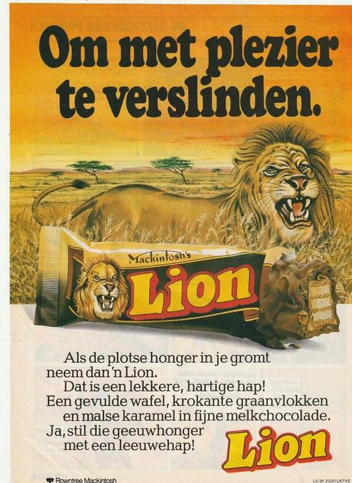 Retro reclame 1982 Lion chocolade om te verslinden, Verzamelen, Retro, Overige typen, Verzenden