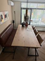 Eethoek: Eiken blad, lederen stoelen/bank - 3 jaar, Ophalen, 100 tot 150 cm, Eikenhout, Zo goed als nieuw