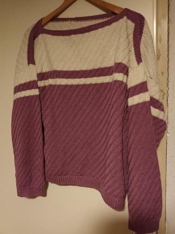 wollen gebreide trui. Mt 44 l handgemaakt paars wit noors beschikbaar voor biedingen