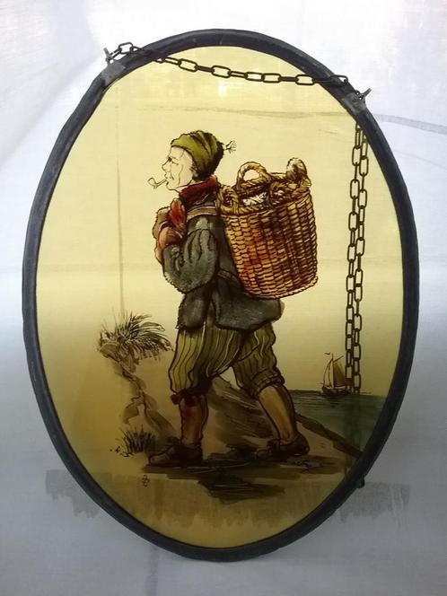 ANTIEKE  GLAS IN LOOD RAAM HANGER.   (de VISVENTER).., Antiek en Kunst, Antiek | Glas en Kristal, Ophalen of Verzenden