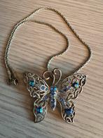 Vintage vlinder ketting met blauwe strass, Ophalen of Verzenden, Zo goed als nieuw, Zilver, Overige materialen