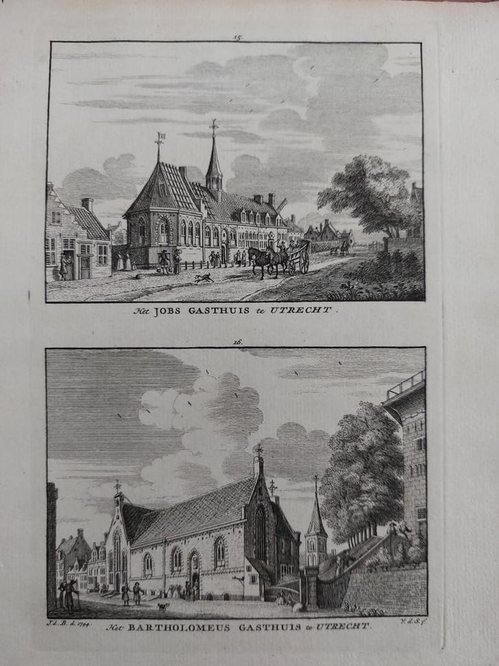 15-16 / Utrecht  Bartolomeus en Jobs Gasthuis 1773, Antiek en Kunst, Kunst | Etsen en Gravures, Ophalen of Verzenden
