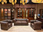 Chesterfield 2 x fauteuil &  bank, Ophalen, Gebruikt, Engels klasiek antiek bruin gevlamd, Info@chesterfieldjunkie.nl