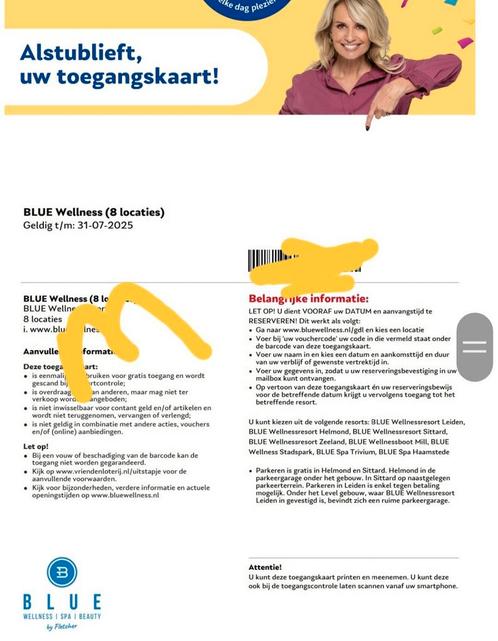 Tickets blue wellness sauna e-tickets., Tickets en Kaartjes, Recreatie | Overige, Drie personen of meer, Ticket of Toegangskaart
