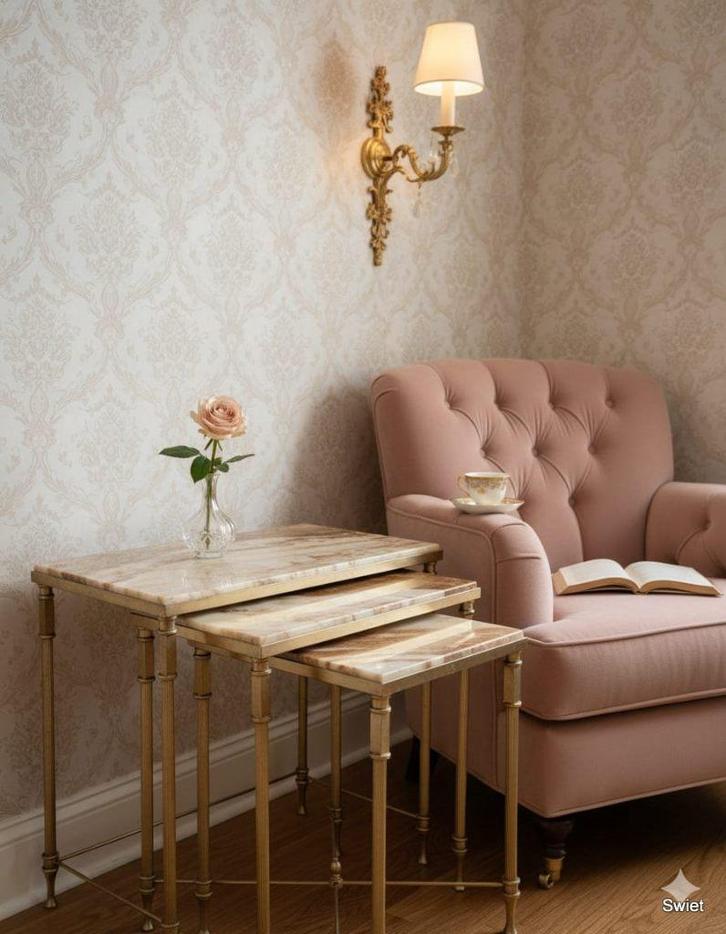 2295 Hollywood Regency mimiset marmeren bladen swiet, Huis en Inrichting, Tafels | Bijzettafels, Gebruikt, Rond, 45 tot 60 cm