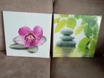 Twee canvas schilderijen met bloemen en stenen, Overige materialen, Minder dan 50 cm, Nieuw, Ophalen of Verzenden