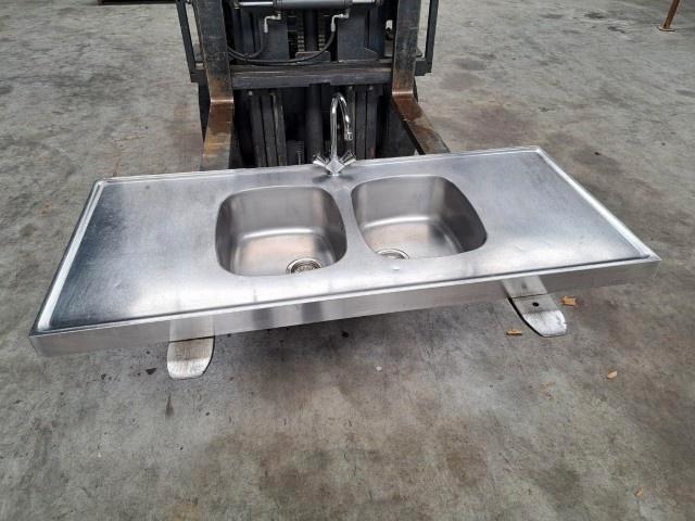 rvs spoelblad met dubbele spoelbak, kraan, 146x65 cm, Huis en Inrichting, Keuken | Keukenelementen, Gebruikt, Minder dan 100 cm