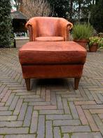 Schapenleren fauteuil met hocker, Huis en Inrichting, Fauteuils, Ophalen, Gebruikt, Leer, 75 tot 100 cm