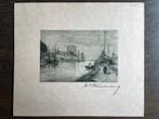 Etsing – sfeervol havengezicht met zeilschepen, Antiek en Kunst, Ophalen of Verzenden