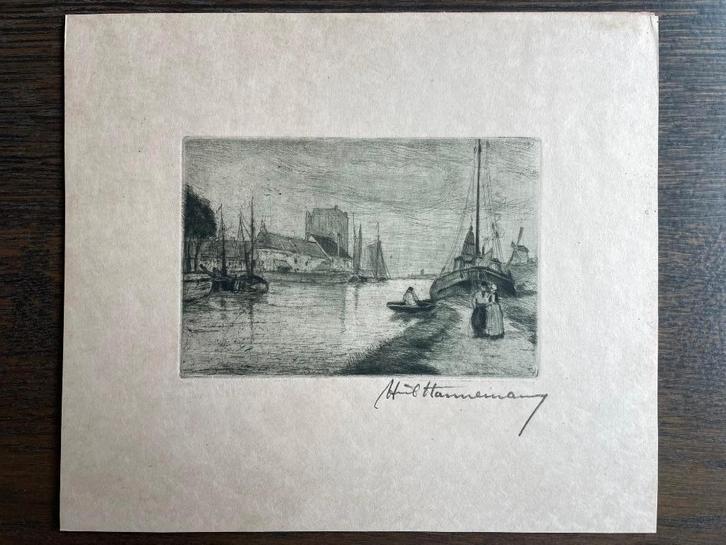 Etsing – sfeervol havengezicht met zeilschepen, Antiek en Kunst, Kunst | Etsen en Gravures, Ophalen of Verzenden