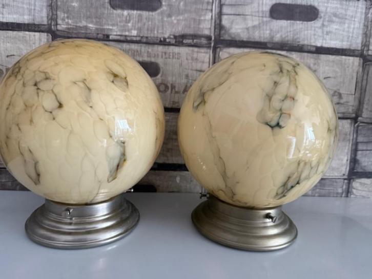 Vintage Art Deco stijl plafonnière van gemarmerd glas, Huis en Inrichting, Lampen | Plafondlampen, Gebruikt, Glas, Metaal, Ophalen of Verzenden