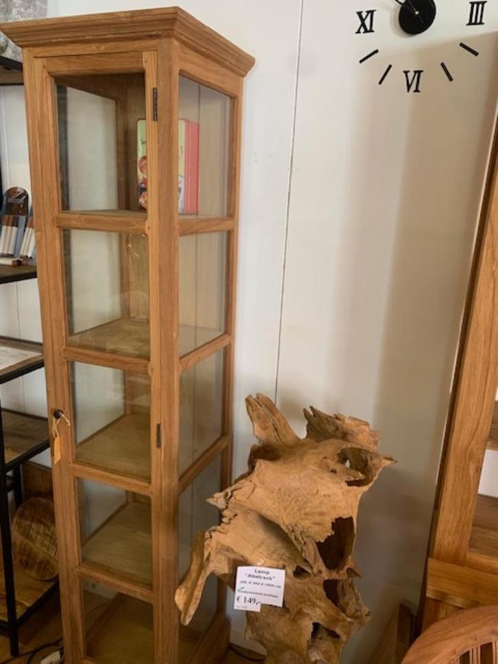 Compacte Kast Teakhout + aan 3 zijden Glas 45b x 40d x 190h., Huis en Inrichting, Woonaccessoires | Overige, Nieuw, Ophalen of Verzenden