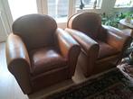 2 stoere industriële club fauteuils in cognac kleur, Huis en Inrichting, Fauteuils, Ophalen, Gebruikt, Vintage, 75 tot 100 cm
