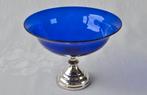 Blauw glazen Bonbonnière / Snoepschaaltje met zilveren voet, Antiek en Kunst, Ophalen of Verzenden