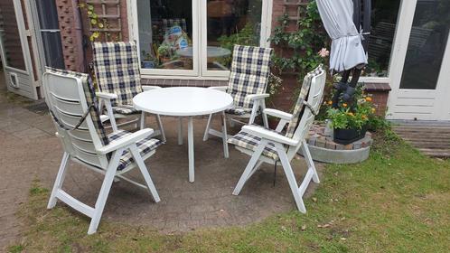 4 Hartman tuinstoelen + kussens + ronde Kettler tuintafel, Tuin en Terras, Tuinstoelen, Gebruikt, Kunststof, Inklapbaar, Verstelbaar