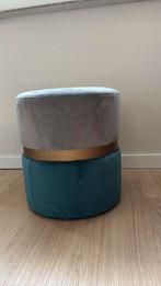 Poef, velvet grijs en turquoise met gouden rand, Minder dan 50 cm, Gebruikt, Rond, Minder dan 50 cm