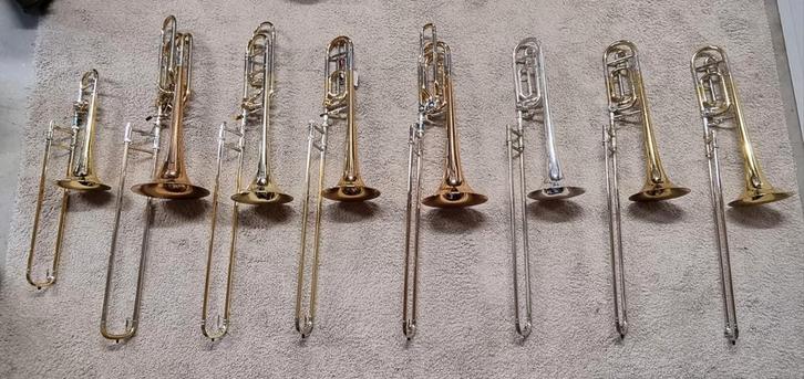 Bach, Yamaha, M&W, XO, Holton trombones te koop, Muziek en Instrumenten, Blaasinstrumenten | Trombones, Tenor, Met koffer, Ophalen of Verzenden
