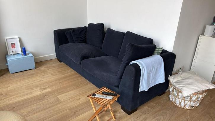 Donkerblauwe 3-zits bank, Huis en Inrichting, Banken | Bankstellen, Gebruikt, Rechte bank, Driepersoons, 200 tot 250 cm, 75 tot 100 cm