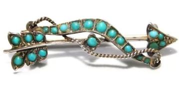 Antiek victoriaanse zilver en turquoise pijl & boog broche  beschikbaar voor biedingen