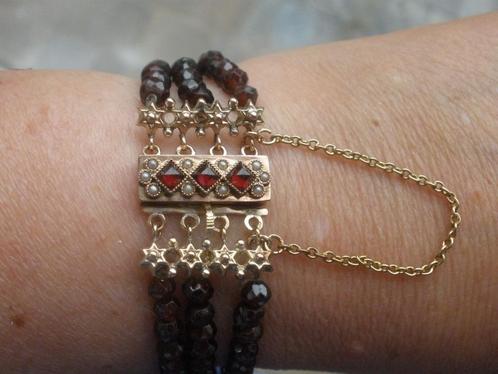 Zeeuwse Gouden armband met Granaat en Zaadparels 1853-1905, Sieraden, Tassen en Uiterlijk, Antieke sieraden, Armband, Goud, Met edelsteen