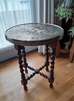 BIJZETTAFEL MET KOPEREN BLAD ANTIEK, Overige materialen, Minder dan 55 cm, Rond, Ophalen of Verzenden