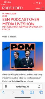 2 kaarten voor Podcast over media show, di 18 nov, Rode hoed, Tickets en Kaartjes, Twee personen, November