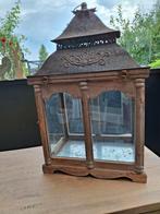Grote houten kandelaar met glas, Huis en Inrichting, Woonaccessoires | Kandelaars en Kaarsen, Ophalen of Verzenden, Gebruikt, Hout
