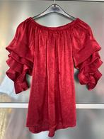 Stylish Velvet-Look Red Blouse with Layered Ruffle Sleeves, Maat 38/40 (M), Lange mouw, Gedragen, Rood
