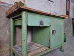 Vintage Groen Dressoir Hout en Staal | Industriele Werkbank, Met deur(en), 100 tot 150 cm, Gebruikt, Ophalen of Verzenden