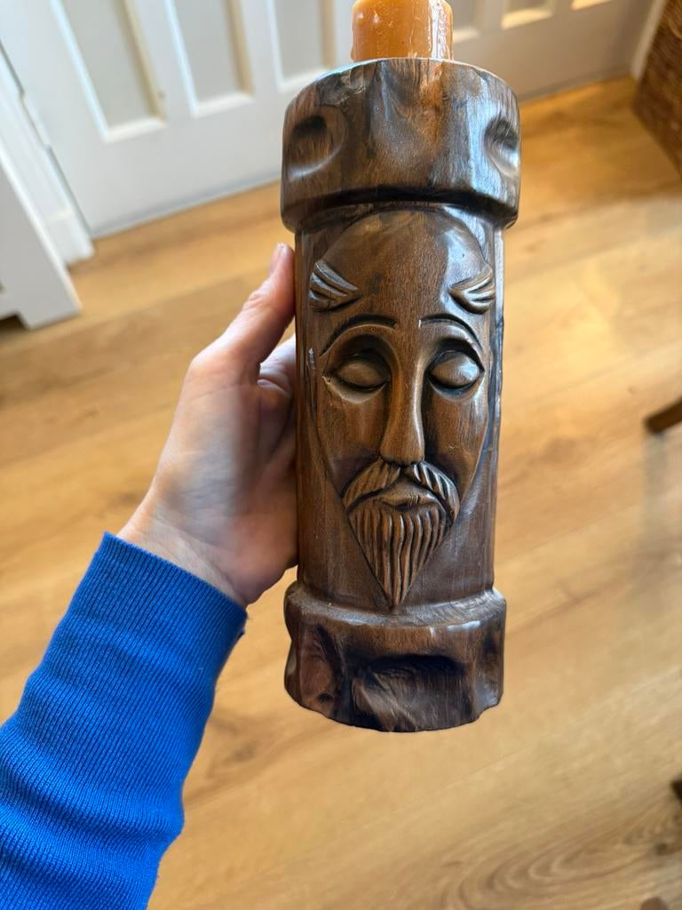 Handgesneden man kandelaar bosman heilige gezicht hout, Antiek en Kunst, Ophalen of Verzenden