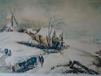 aquarel dorp in sneeuw met molen, paard en wagen, jaren 30, Verzenden
