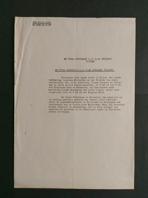 KLM persbericht “De Firma Dobbelman......." uit 1938 (K575), Verzamelen, Luchtvaart en Vliegtuigspotten, Gebruikt, Boek of Tijdschrift