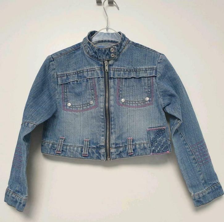 Spijker jasje, kort model met roze accenten, maat 116, Kinderen en Baby's, Kinderkleding | Maat 116, Gebruikt, Meisje, Jas, Ophalen of Verzenden