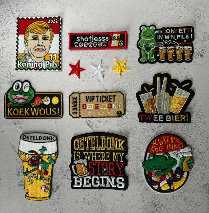 Set van 10 Oeteldonk emblemen - Bier, Hobby en Vrije tijd, Kledingapplicaties en Hotfix, Zo goed als nieuw, Verzenden
