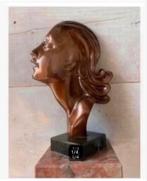 Brocante Bronzen design vrouwen hoofd, jaren ’70 marmer voet, Ophalen of Verzenden