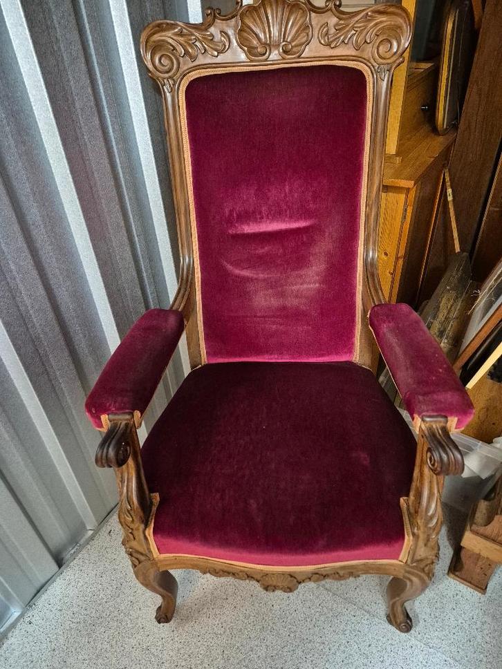 Antieke eiken/velours Fauteuile, Huis en Inrichting, Fauteuils, Gebruikt, Hout, Stof, 50 tot 75 cm, Minder dan 75 cm, Ophalen