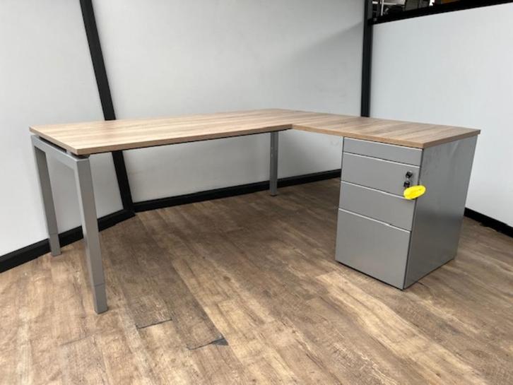 Hoekbureau Q-line + standcontainer dossierlade aluminium, Huis en Inrichting, Bureaus, In hoogte verstelbaar, Ophalen of Verzenden