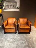 2x Vintage Schapenleren Art Deco fauteuils, Gebruikt, Art deco, 50 tot 75 cm, Lounge atelier