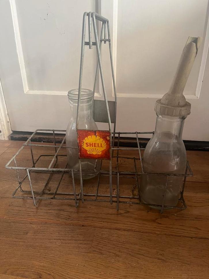 Vooroorlogse Vintage Shell Olieflessenhouder met 2 Flessen, Antiek en Kunst, Antiek | Gereedschap en Instrumenten, Ophalen of Verzenden