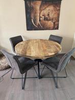 Ronde mangohouten eettafel met metalen onderstel, Ophalen, 100 tot 150 cm, Zo goed als nieuw, Vier personen