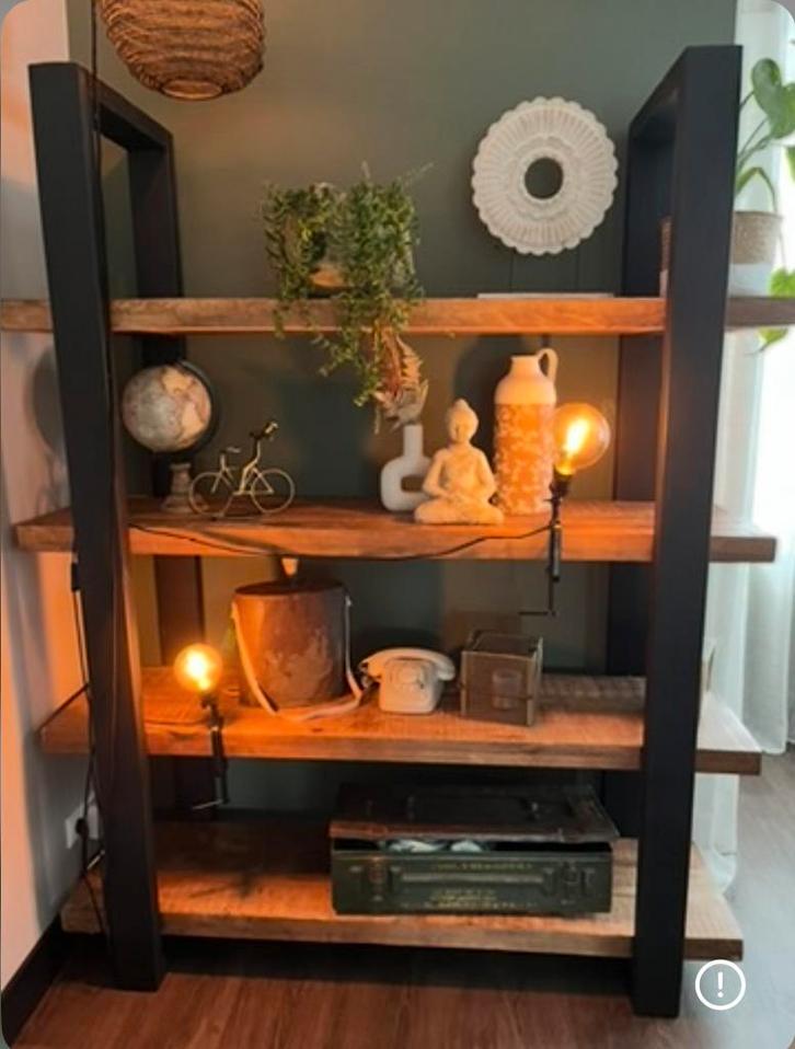 Wandmeubel / roomdevider mangohout en stalen staanders., Huis en Inrichting, Kasten | Wandmeubels, Gebruikt, 150 tot 200 cm, 150 tot 200 cm