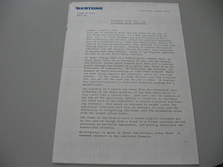 FT 156 Bertone Prototype Ritmo Cabrio (FIAT) 1979, Boeken, Auto's | Folders en Tijdschriften, Zo goed als nieuw, Overige merken