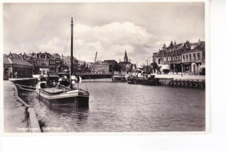 Vlaardingen,- Oude Haven met binnenvaartschip. 06-11, Verzamelen, Ansichtkaarten | Nederland, Gelopen, Zuid-Holland, 1940 tot 1960