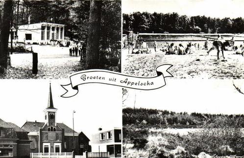 Groeten uit Appelscha - 4 afb o.a. zwembad kerk - gelopen, Verzamelen, Ansichtkaarten | Nederland, Gelopen, Overijssel, Ophalen of Verzenden