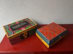 Indiase handbeschilderd houtsnijwerk kist Handwerk India, Huis en Inrichting, Woonaccessoires | Kisten, Minder dan 50 cm, Ophalen of Verzenden