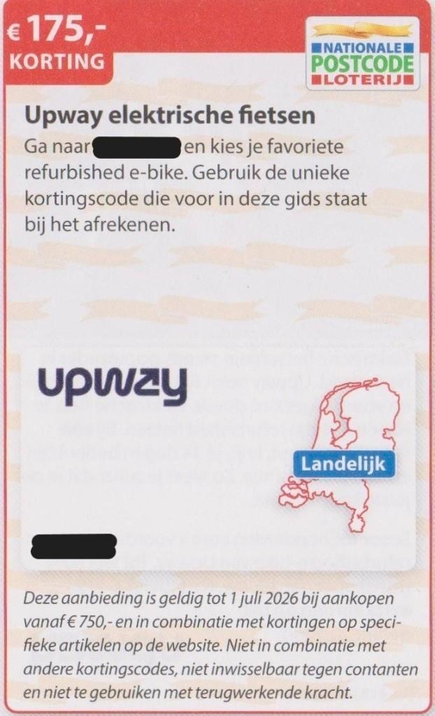 Upway elektrische fietsen. € 175,- korting. Postcode bon., Tickets en Kaartjes, Kortingen en Cadeaubonnen, Eén persoon, Warenhuis- of Winkelbon